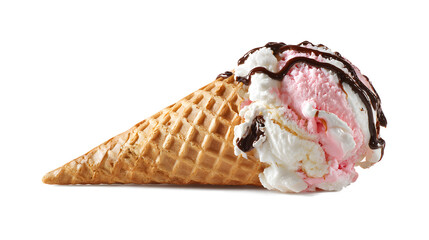 ice cream cone scoop of ice cream pink and white chocolate syrup waffle cone isolated on a white background