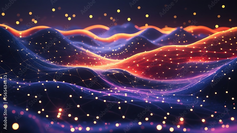 Poster abstract digital landscape with glowing dots and flowing lines