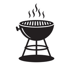 Simple black silhouette of a round charcoal barbecue grill with smoke rising from the cooking grate and a white background