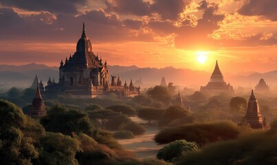 Golden sunset over Bagan Temples