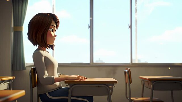 Animated student sits at a desk, gazing out the window in a bright, sunny classroom