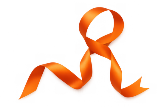 Orange awareness ribbon symbolizing multiple sclerosis advocacy, floating against transparent background with gentle movement
