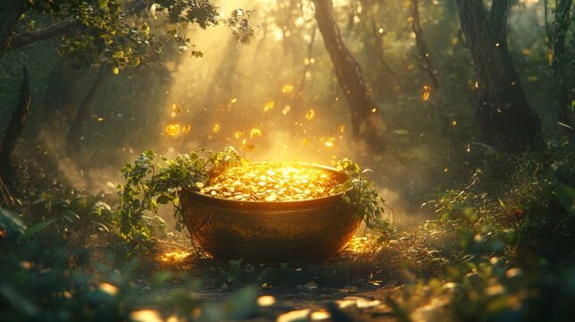 Golden Coins Overflowing In A Forest Cauldron