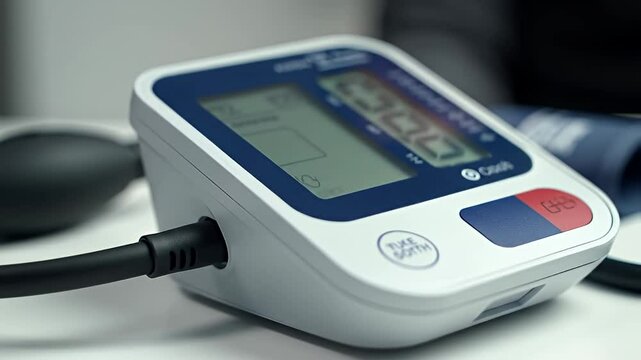 Digital blood pressure monitor with bulb and blue trim sits on a white surface