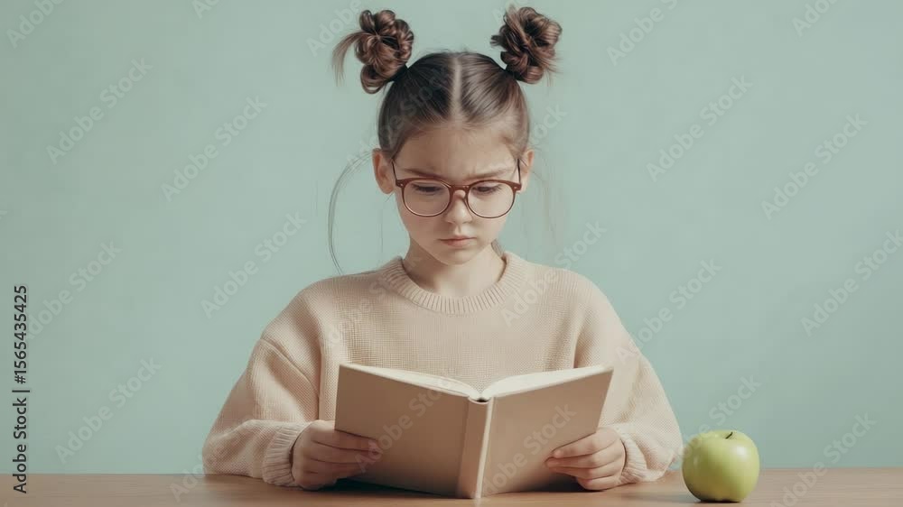 Poster schoolgirl with eyeglasses reading a book at a school desk with an apple placed next to it, she is d