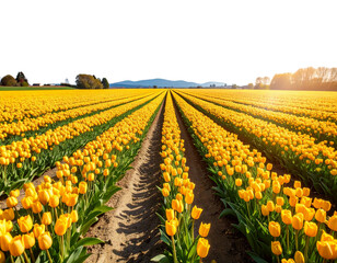 Yellow Tulip Field with Blue Sky and Sunlight, isolated on transparent background