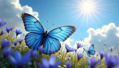 Butterfly Paradise: A vibrant blue butterfly gracefully soars above a field of blooming wildflowers under the warm glow of the sun, creating a scene of pure natural beauty and serenity.
