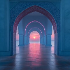 Sunrise through intricate arches of a mosque.  Tranquil serene Islamic architecture