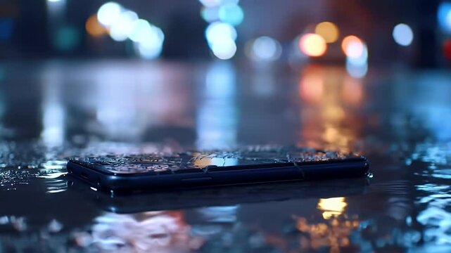 Broken phone lies flat in puddle; blurred lights background, night setting