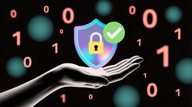 A grayscale hand holds a glowing blue-purple holographic shield with a yellow padlock and green checkmark amid coral binary code - Powered by Adobe