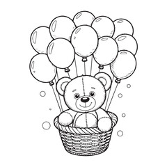 Cute cartoon teddy bear character sitting in a woven basket being lifted by a bunch of balloons in a simple line drawing style