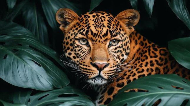 Wild leopard peeking through tropical jungle foliage