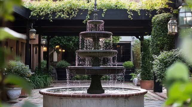 A classic courtyard scene with an elegant two-tier fountain under a vine-covered pergola. Water gently trickles down surrounded by potted herbs and vintage lanterns.