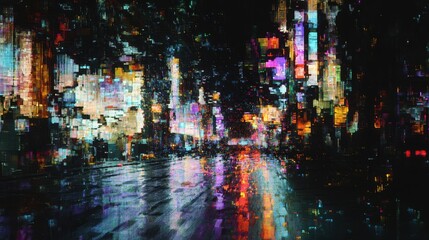 Fototapeta premium A vibrant, pixelated cityscape at night.