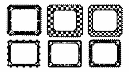 Collection of six unique black and white grunge textured square frames with decorative borders