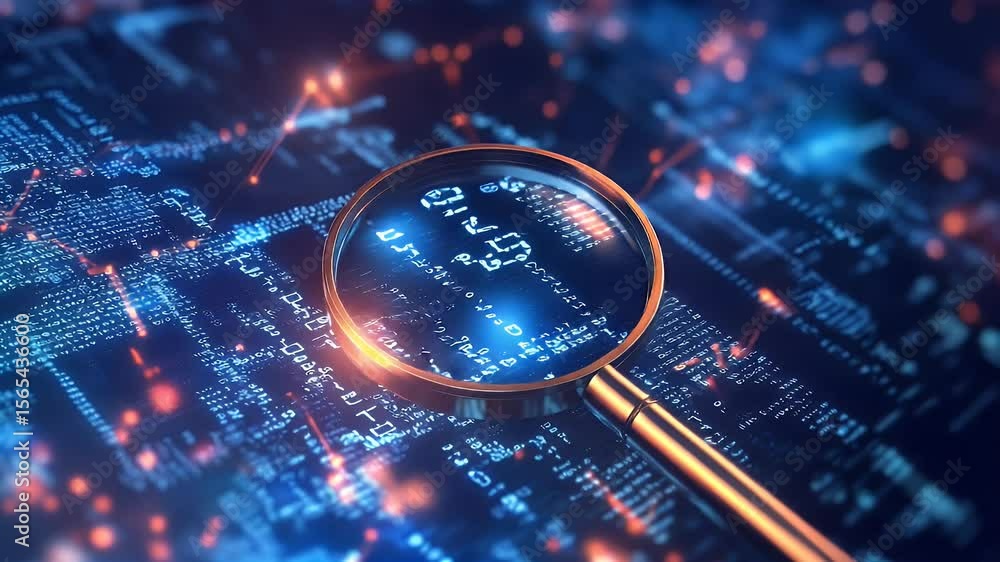Aufkleber magnifying glass over data circuit board with digital information and glowing lights representing da