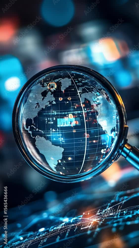 Poster magnifying glass over a world map with digital data flowing through it creating a futuristic digital
