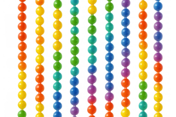 Multicolored beads suspended against transparent backdrop, forming vivid rainbow arrangement for creative crafting endeavors