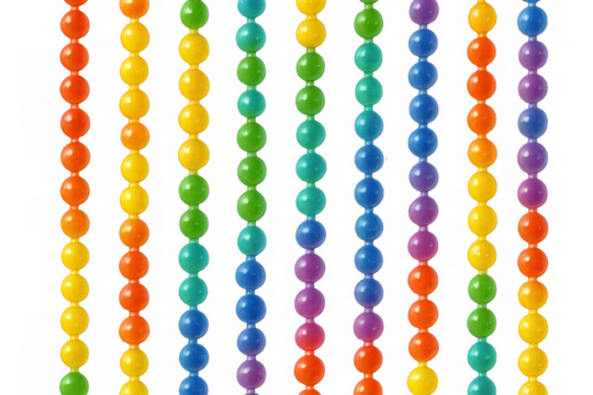 Multicolored beads suspended against transparent backdrop, forming vivid rainbow arrangement for creative crafting endeavors