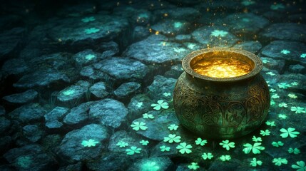 Glowing Gold Filled Cauldron Amidst Shamrocks