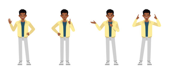 Man wearing cream jacket character vector illustration design set. Working and presentation in various action.