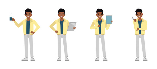 Man wearing cream jacket character vector illustration design set. Working and presentation in various action.