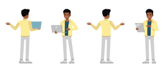 Man wearing cream jacket character vector illustration design set. Working and presentation in various action.
