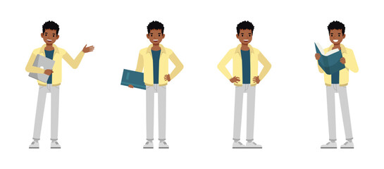 Man wearing cream jacket character vector illustration design set. Working and presentation in various action.