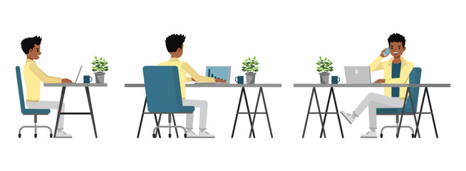 Man wearing cream jacket character vector illustration design set. Working and presentation in various action.