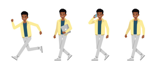 Man wearing cream jacket character vector illustration design set. Working and presentation in various action.