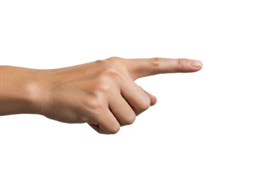 A human right hand with light skin tone, index finger extended, pointing forward as if pressing or selecting, isolated on a clean white background with copy space, in a high-key studio setting.