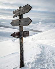 A weathered wooden signpost stands in a snowy mountain landscape