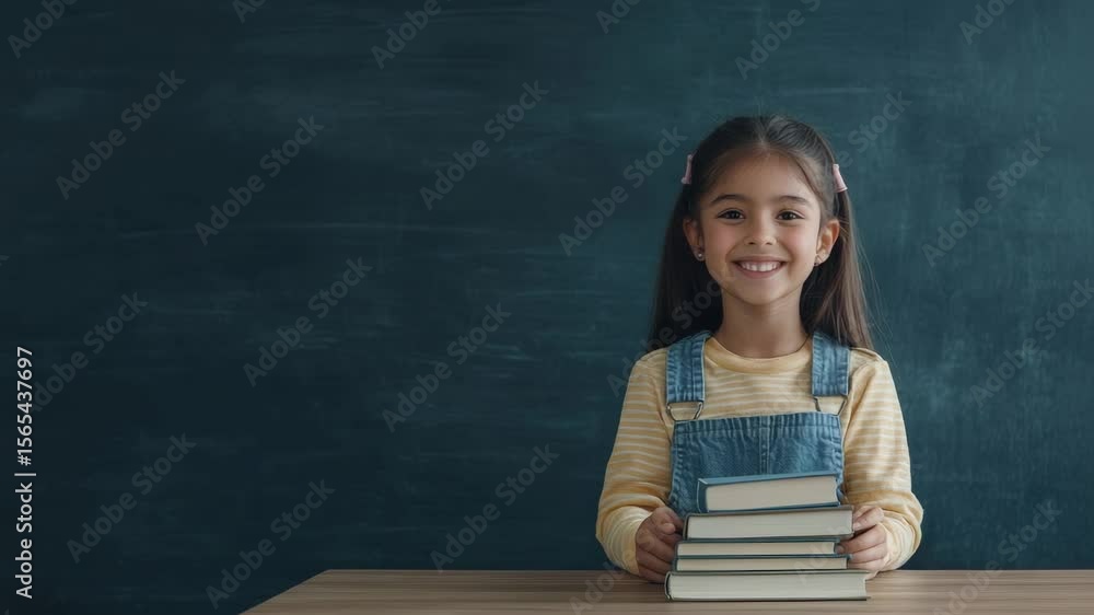 Poster Elementary school student smiling and holding a stack of books sitting at desk with a large empty chalkboard in the background, ready for back to school