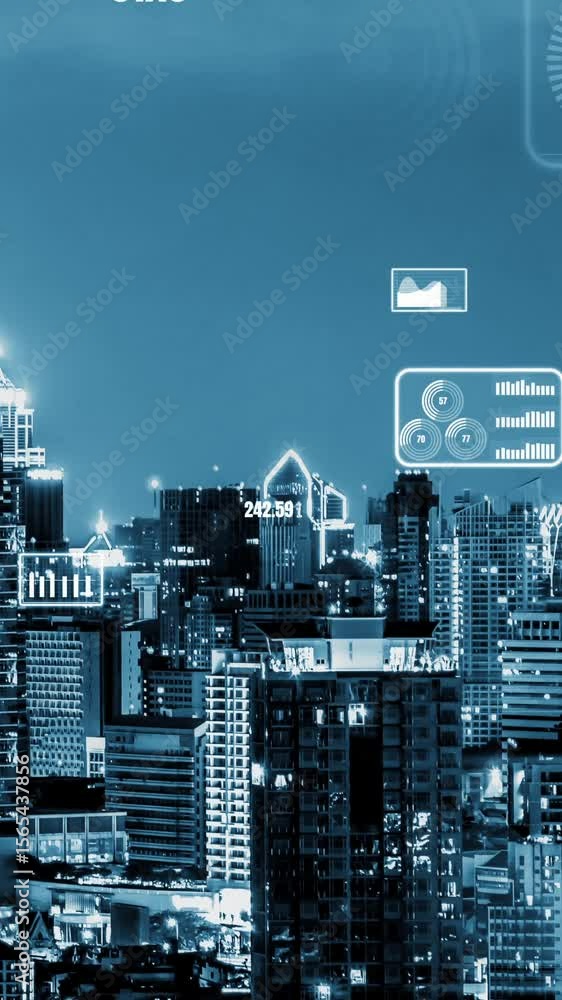 Poster business data analytic interface fly over smart city showing alteration future of business intellige