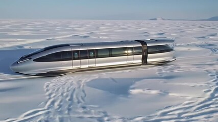 Sleek silver train glides over vast snowy plain, mountains in distance - Powered by Adobe
