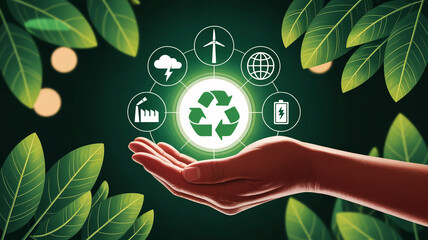 A hand holds a glowing circular recycling icon surrounded by six green environmental symbols against a blurred bright green nature background