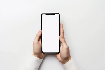 Faceless hands holding smartphone, blank white screen, clean white background, modern lifestyle mockup.