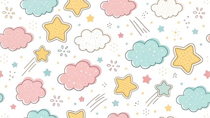 Pastel Sky Dreamscape: Whimsical Clouds and Sparkling Stars Pattern for Gentle and Imaginative Backgrounds, Wallpaper, and Textile Design.