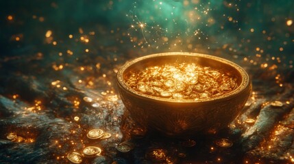 A Golden Bowl Overflowing With Gleaming Treasure Coins