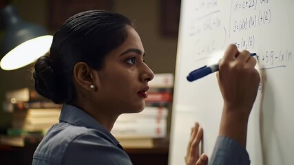 Woman writes complex equations on whiteboard, focused expression - Powered by Adobe