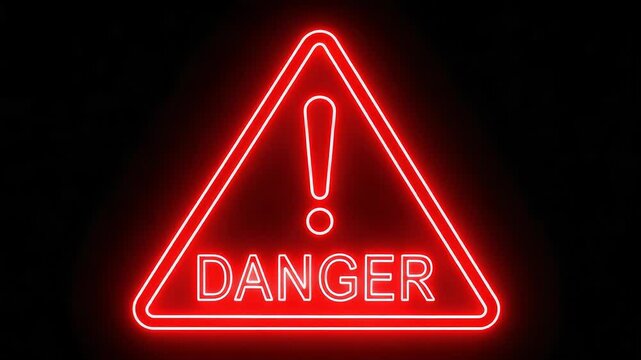 Danger warning sign animation with glowing red neon light and flickering effect for safety and alert messages.