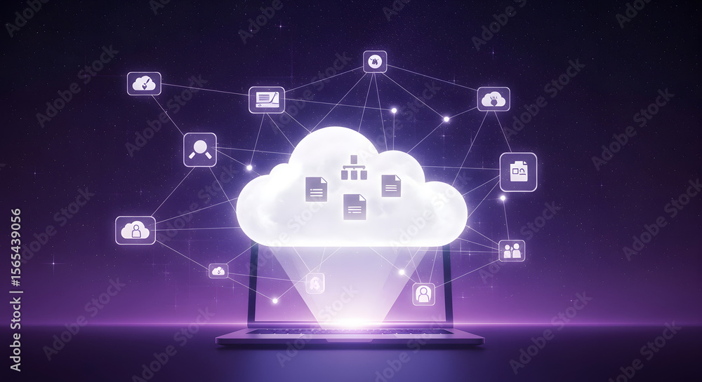 Poster cloud computing concept with a glowing cloud icon hovering above a laptop, connected to various data
