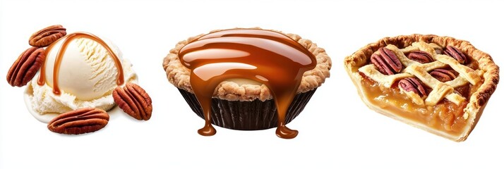 Cutout of set of 3 subjects: caramel sauce dripping onto vanilla ice cream, apple pie, and roasted pecans, isolated on PNG transparent background