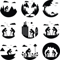 Silhouette Icons of Photographer Poses with Tripod – Black Vector Set Photographer with Tripod Silhouette Set – Camera Icon Vector Collection