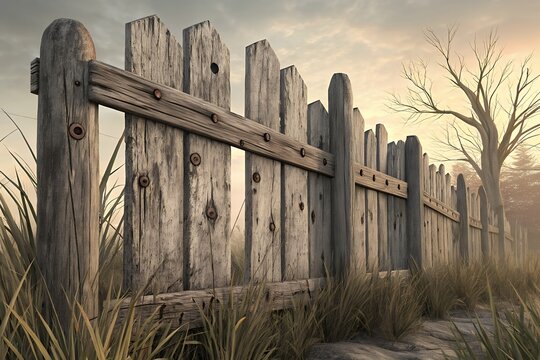 Weathered wooden fence with rustic texture and bare tree silhouetted against a hazy sunrise sky - Powered by Adobe