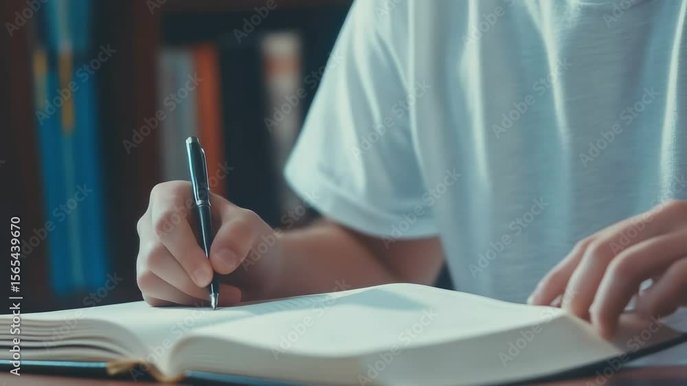 Poster close up of a student's hands writing in an open book with a pen, surrounded by bookshelves in a lib