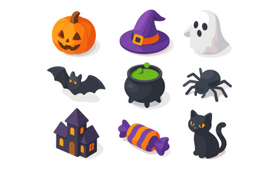 Obraz premium Halloween icons: pumpkin, witch hat, ghost, bat, spider, cauldron, haunted house, candy, and black cat in colorful 3D illustration