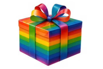 Colorful pride gift box featuring rainbow ribbon, symbolizing lgbtq+ celebration and inclusivity against transparent backdrop