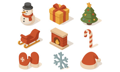 Fototapeta premium Christmas-themed objects: snowman, gift box, tree, sleigh, fireplace, candy cane, mittens, snowflake, santa hat