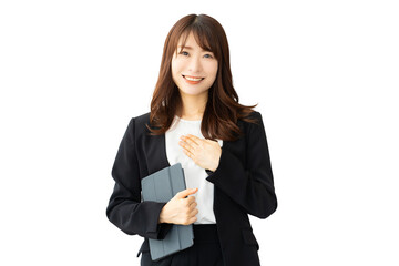 タブレットを持つ女性・ビジネスウーマン（背景透過PNG）
